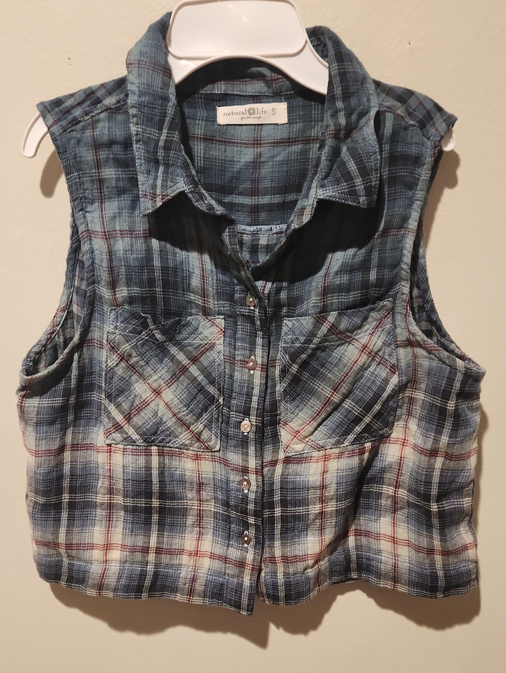 ❤️ NATURAL LIFE GAUZE COTTON SLEEVELESS CROPPED BUTTON DOWN TOP / VEST, SMALL - Picture 2 of 7